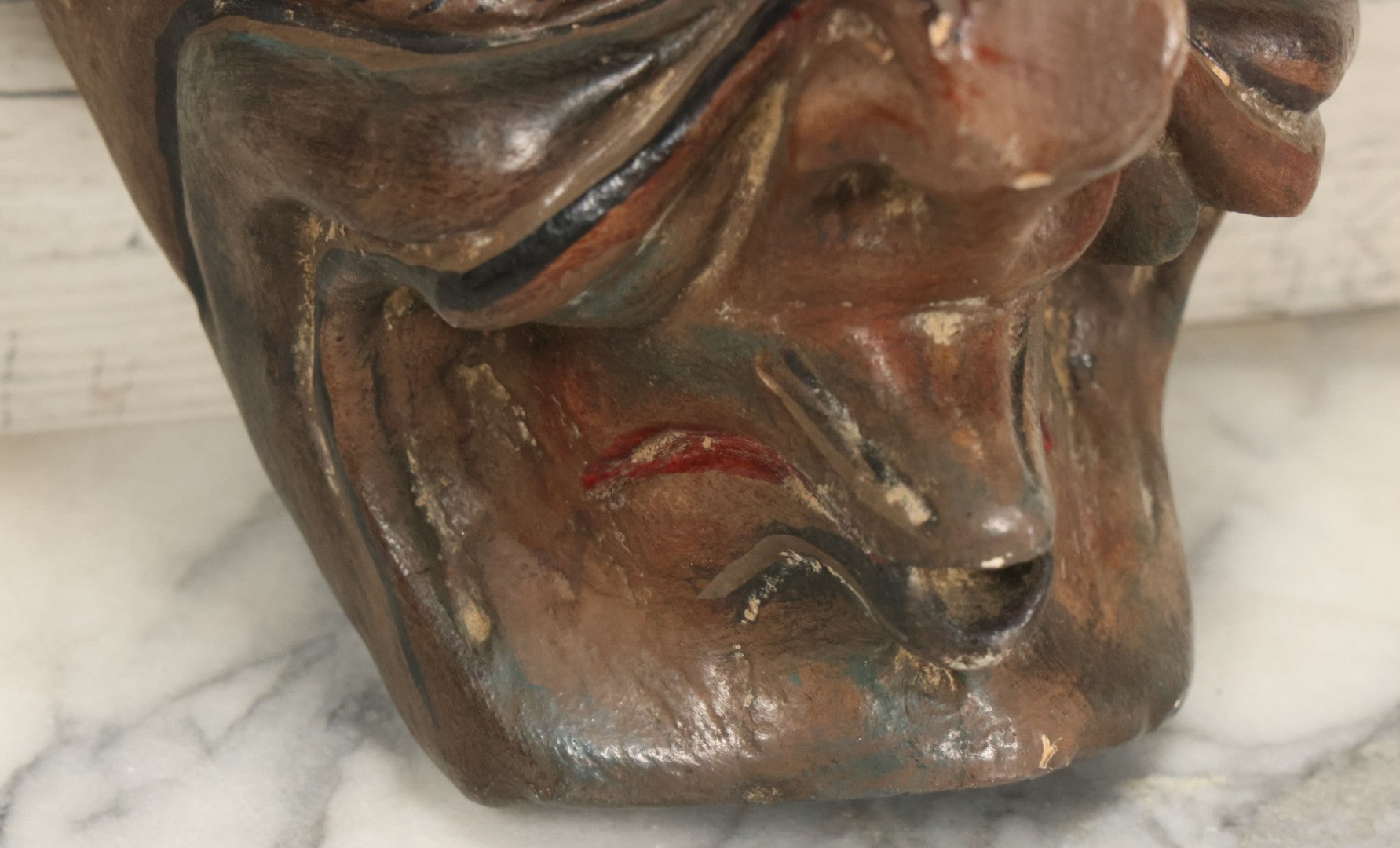 Lot 006 - Vintage Folk Art Devil Mask With Real Animal Horns And Whistling Mouth, Hand Carved Wood, Hand Painted, With Wire Hanger