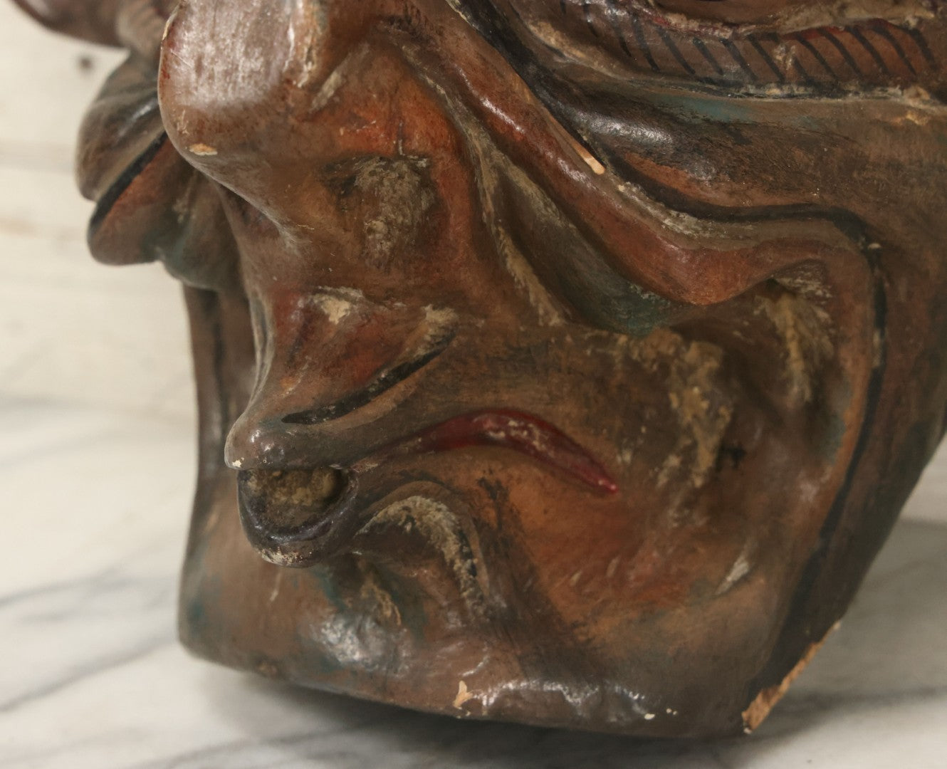 Lot 006 - Vintage Folk Art Devil Mask With Real Animal Horns And Whistling Mouth, Hand Carved Wood, Hand Painted, With Wire Hanger