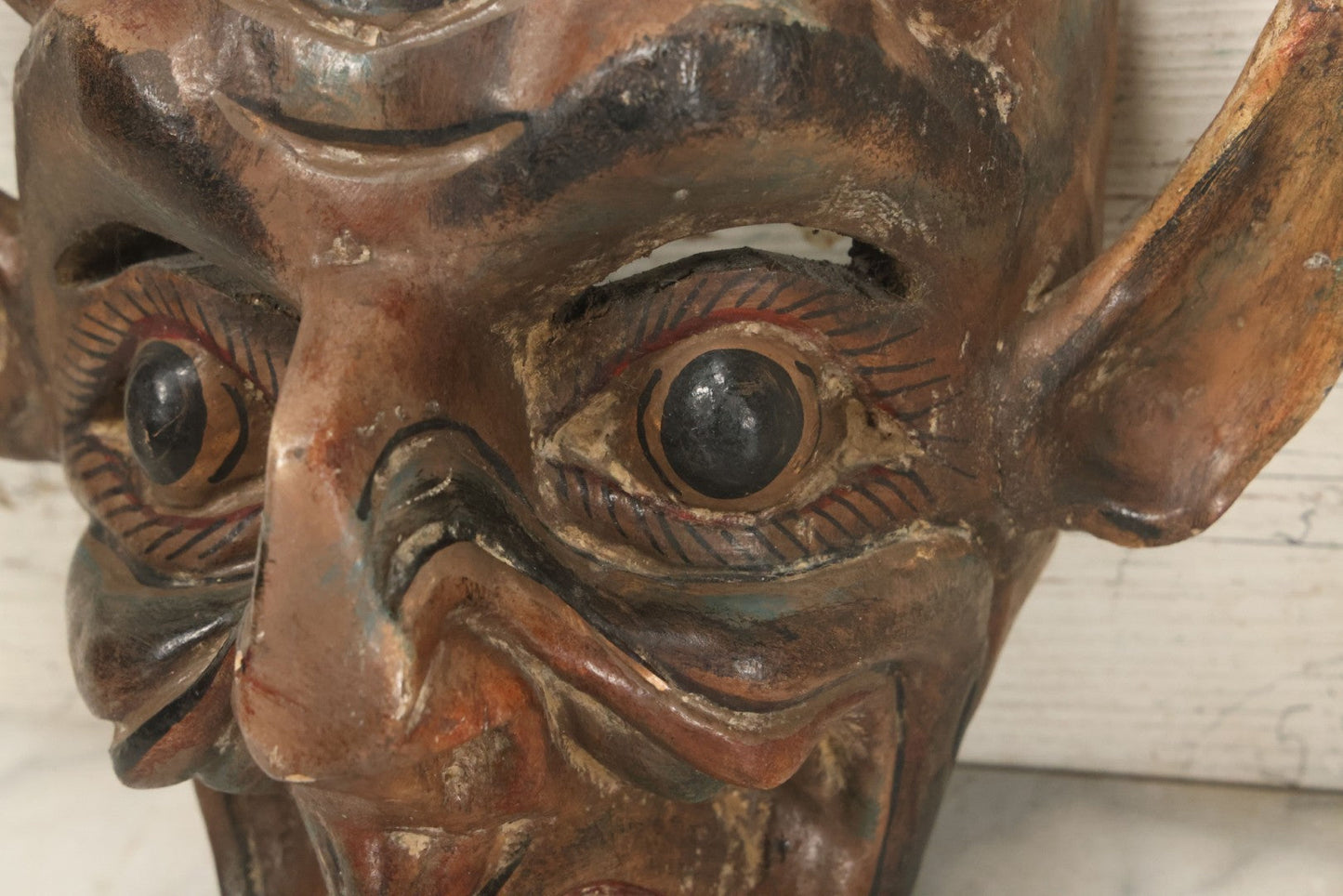 Lot 006 - Vintage Folk Art Devil Mask With Real Animal Horns And Whistling Mouth, Hand Carved Wood, Hand Painted, With Wire Hanger