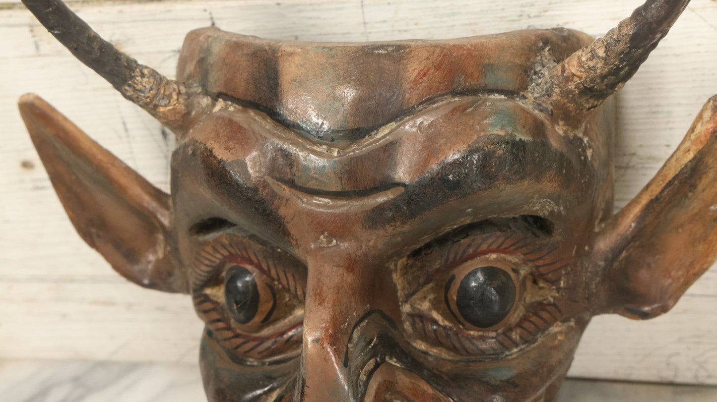 Lot 006 - Vintage Folk Art Devil Mask With Real Animal Horns And Whistling Mouth, Hand Carved Wood, Hand Painted, With Wire Hanger