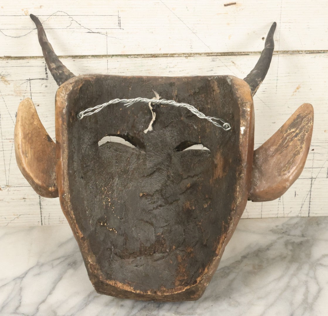 Lot 006 - Vintage Folk Art Devil Mask With Real Animal Horns And Whistling Mouth, Hand Carved Wood, Hand Painted, With Wire Hanger