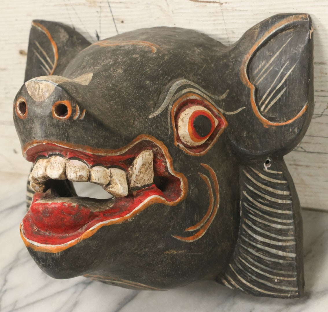 Lot 007 - Vintage Grinning Bat Mask, Hand Carved Wood, Hand Painted, With Wire Hanger