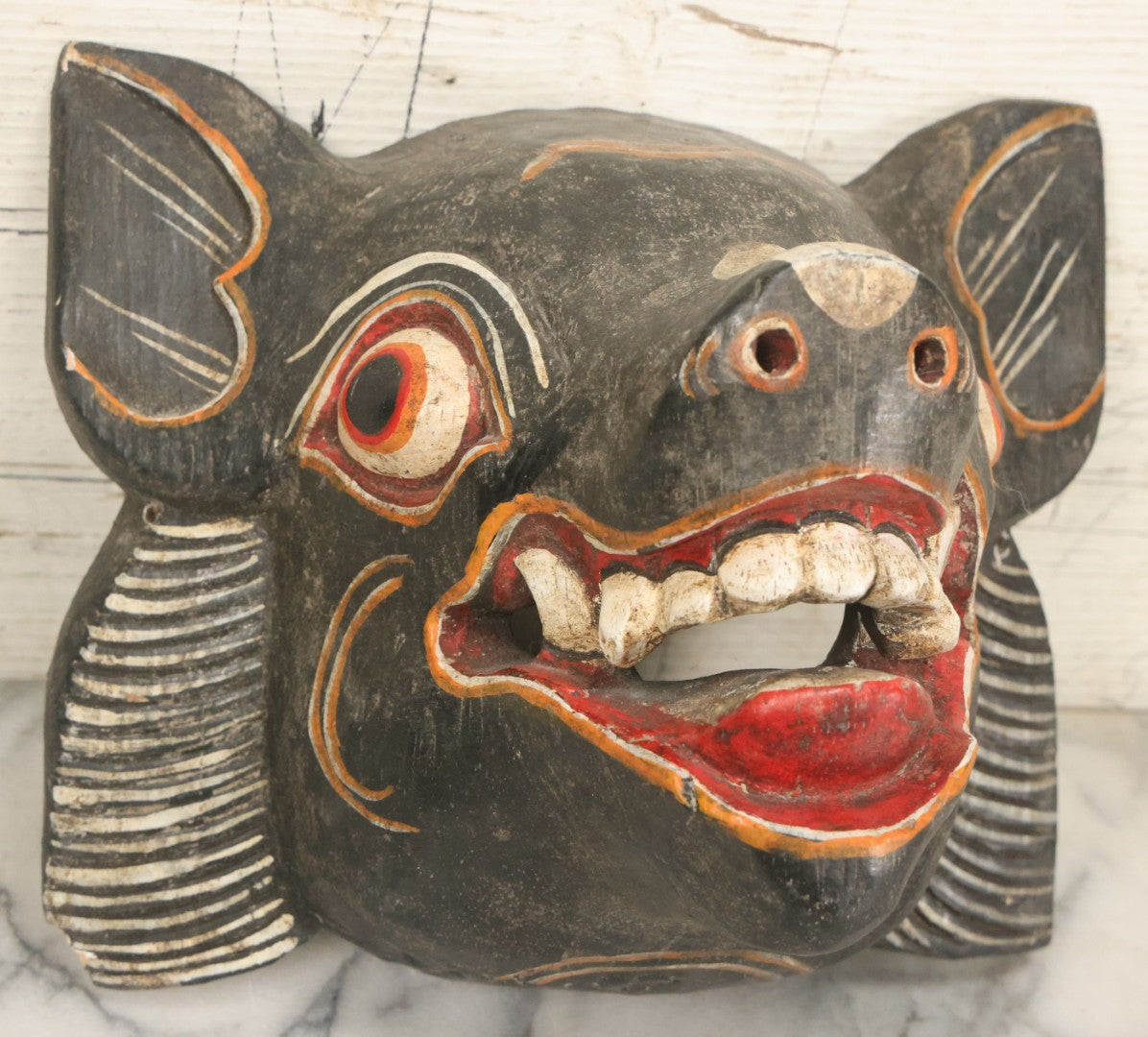 Lot 007 - Vintage Grinning Bat Mask, Hand Carved Wood, Hand Painted, With Wire Hanger