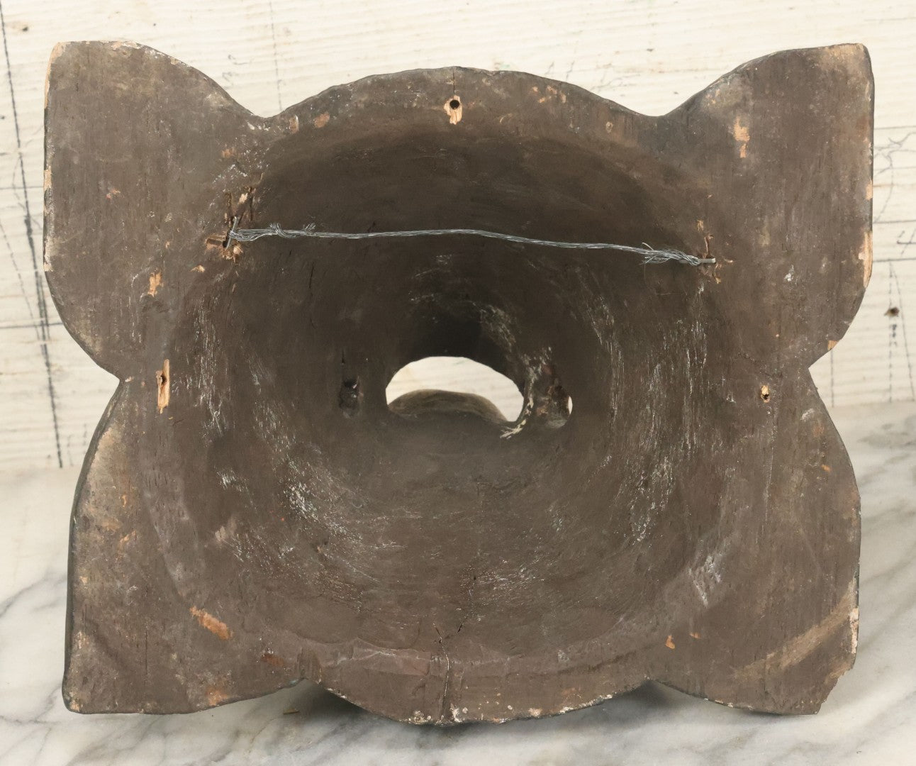 Lot 007 - Vintage Grinning Bat Mask, Hand Carved Wood, Hand Painted, With Wire Hanger