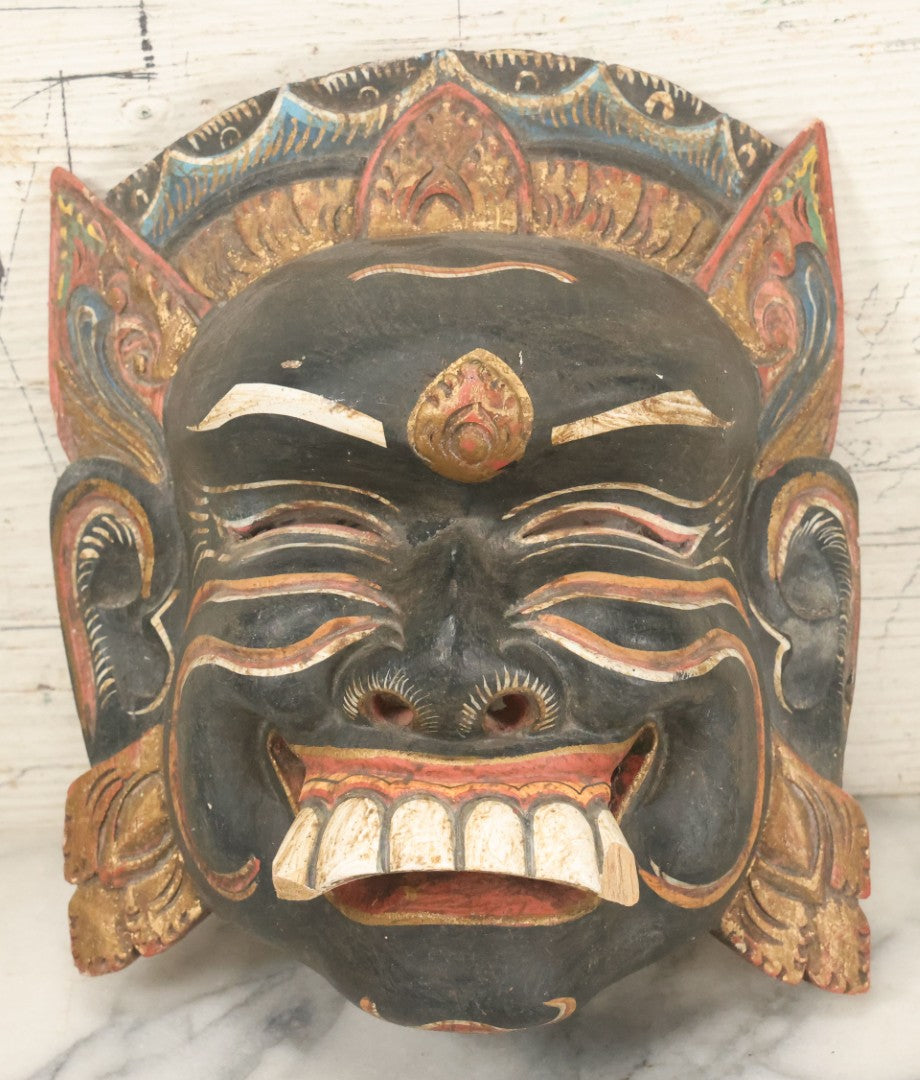 Lot 008 - Vintage Grinning Eastern Mask With Large White Teeth, Hand Carved Wood, Hand Painted, With Wire Hanger, Note Chips To Teeth