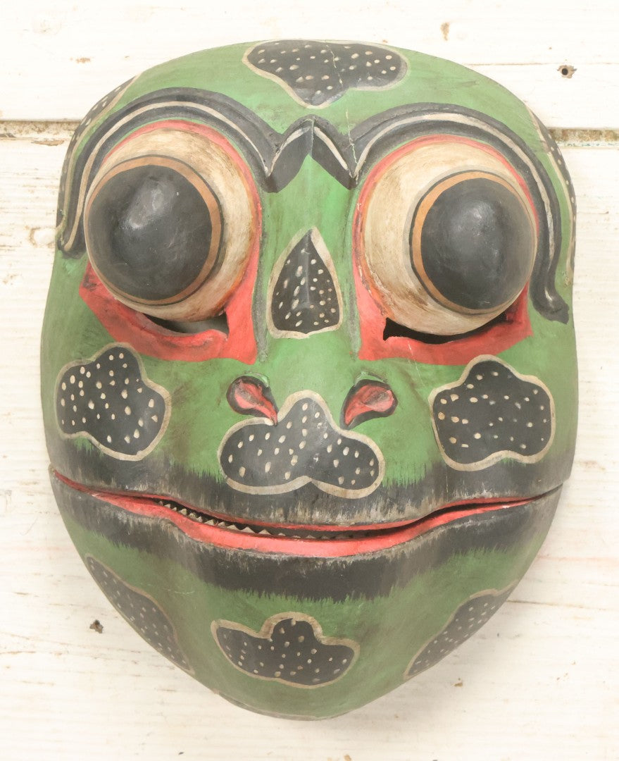 Lot 009 - Vintage Frog Mask With Bulging Eyes, Hinged Mouth, And Carved Teeth, Hand Carved Wood, Hand Painted, With Wire Hanger