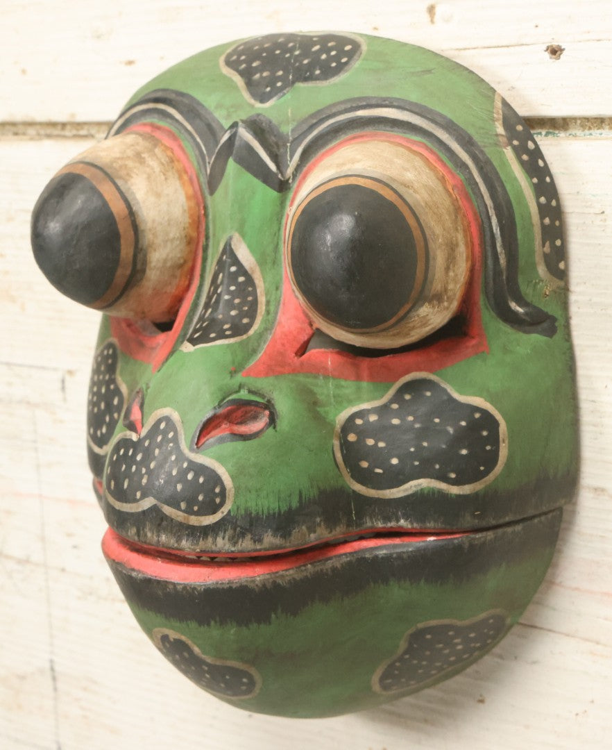 Lot 009 - Vintage Frog Mask With Bulging Eyes, Hinged Mouth, And Carved Teeth, Hand Carved Wood, Hand Painted, With Wire Hanger