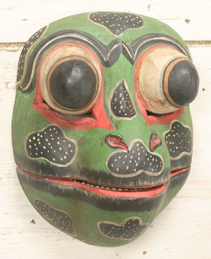Lot 009 - Vintage Frog Mask With Bulging Eyes, Hinged Mouth, And Carved Teeth, Hand Carved Wood, Hand Painted, With Wire Hanger