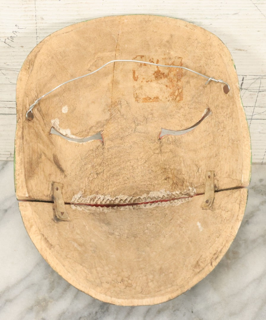 Lot 009 - Vintage Frog Mask With Bulging Eyes, Hinged Mouth, And Carved Teeth, Hand Carved Wood, Hand Painted, With Wire Hanger