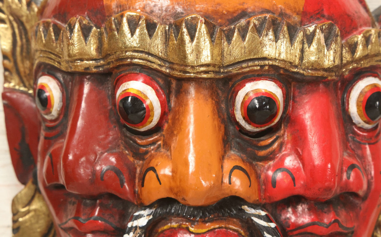 Lot 010 - Vintage Eastern Triple Face God Mask With Red And Orange Faces, Gold Accent Paint, Hand Carved Wood, Hand Painted, With Wire Hanger