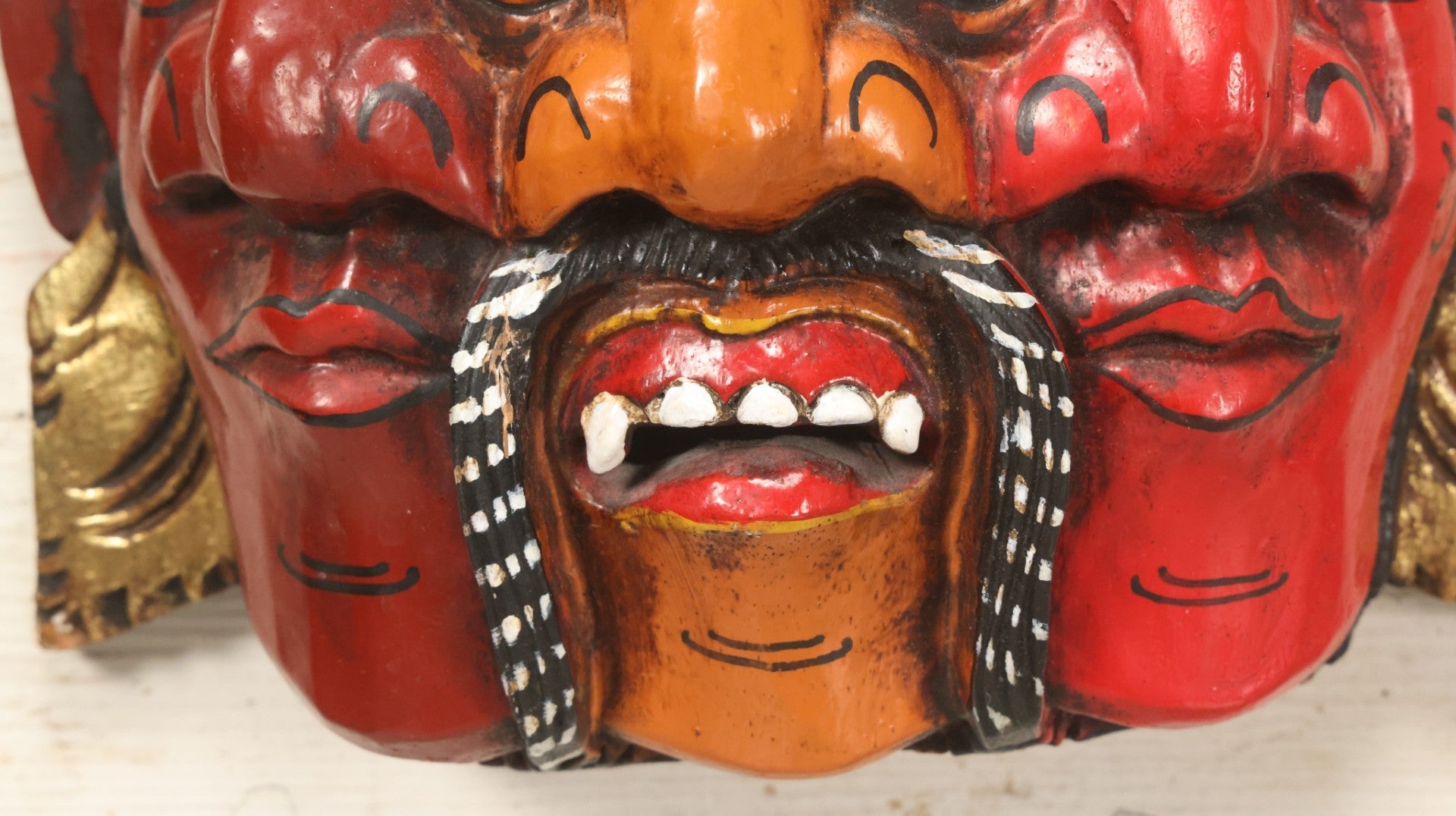 Lot 010 - Vintage Eastern Triple Face God Mask With Red And Orange Faces, Gold Accent Paint, Hand Carved Wood, Hand Painted, With Wire Hanger