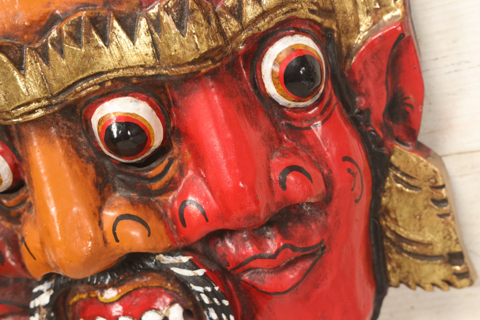 Lot 010 - Vintage Eastern Triple Face God Mask With Red And Orange Faces, Gold Accent Paint, Hand Carved Wood, Hand Painted, With Wire Hanger