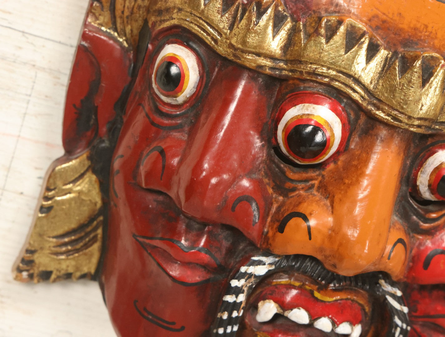Lot 010 - Vintage Eastern Triple Face God Mask With Red And Orange Faces, Gold Accent Paint, Hand Carved Wood, Hand Painted, With Wire Hanger