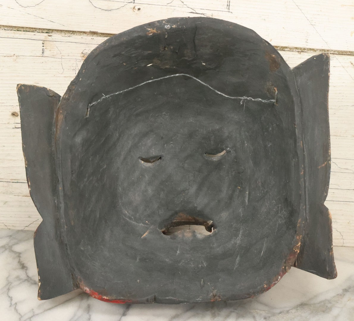 Lot 010 - Vintage Eastern Triple Face God Mask With Red And Orange Faces, Gold Accent Paint, Hand Carved Wood, Hand Painted, With Wire Hanger