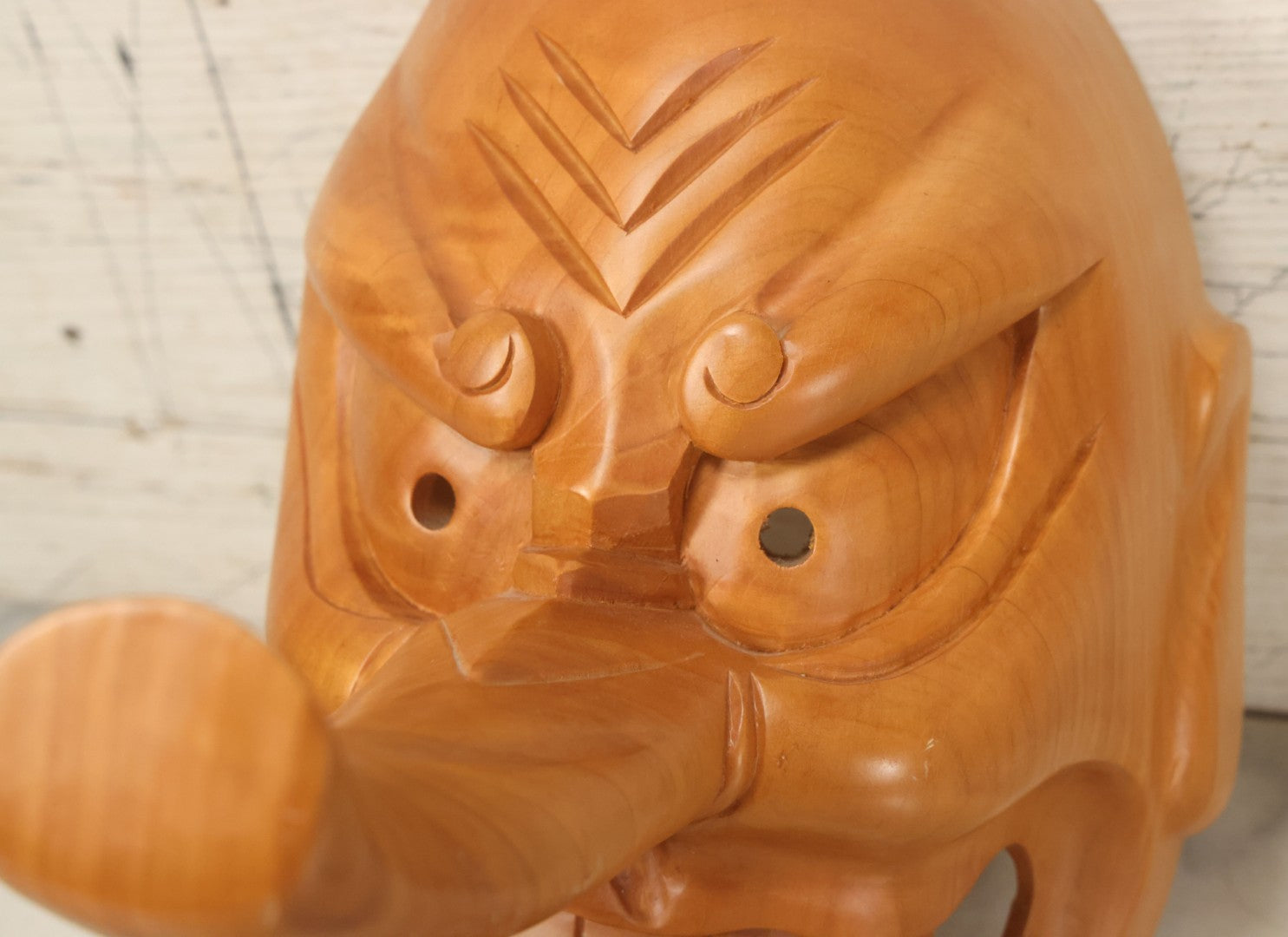 Lot 011 - Contemporary Japanese Hannya Mask With Comically Large Nose, Hand Carved Wood, Unpainted, With Rope Hanger