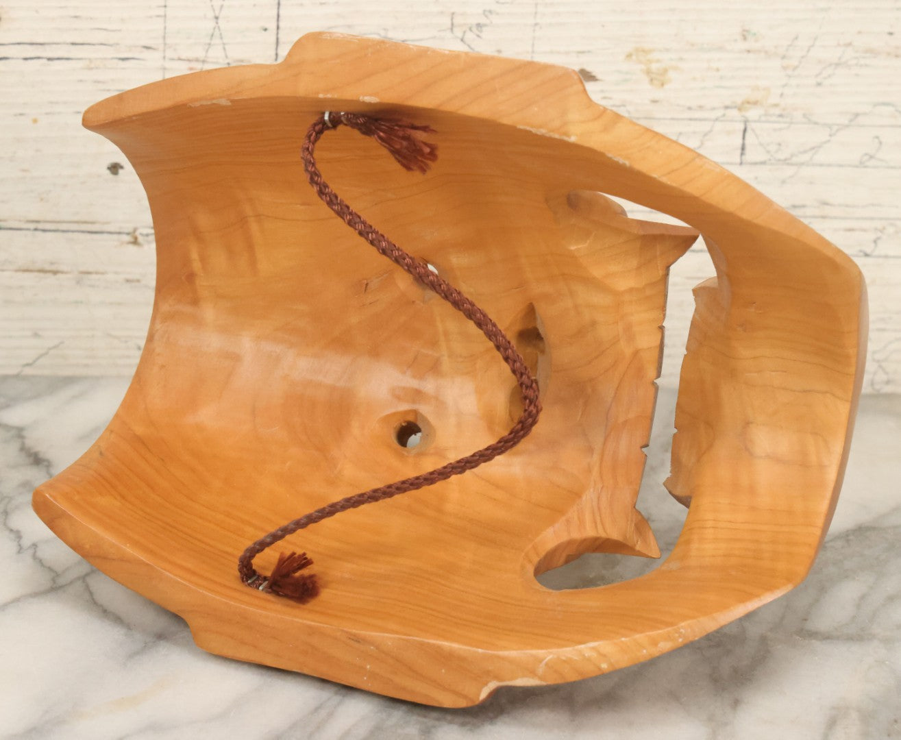 Lot 011 - Contemporary Japanese Hannya Mask With Comically Large Nose, Hand Carved Wood, Unpainted, With Rope Hanger