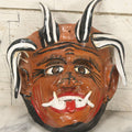 Lot 013 - Vintage Clay Devil Demon Mask With Curly Black And White Horns, Fangs, And Forked Nose, Hand Sculpted, Hand Painted, With Rope Hanger