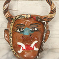 Lot 014 - Vintage Clay Devil Demon Mask With Striped Black And Gold Horns, Snakes Surrounding Face, Fangs, And Blue Nose, Hand Sculpted, Hand Painted, With Rope Hanger