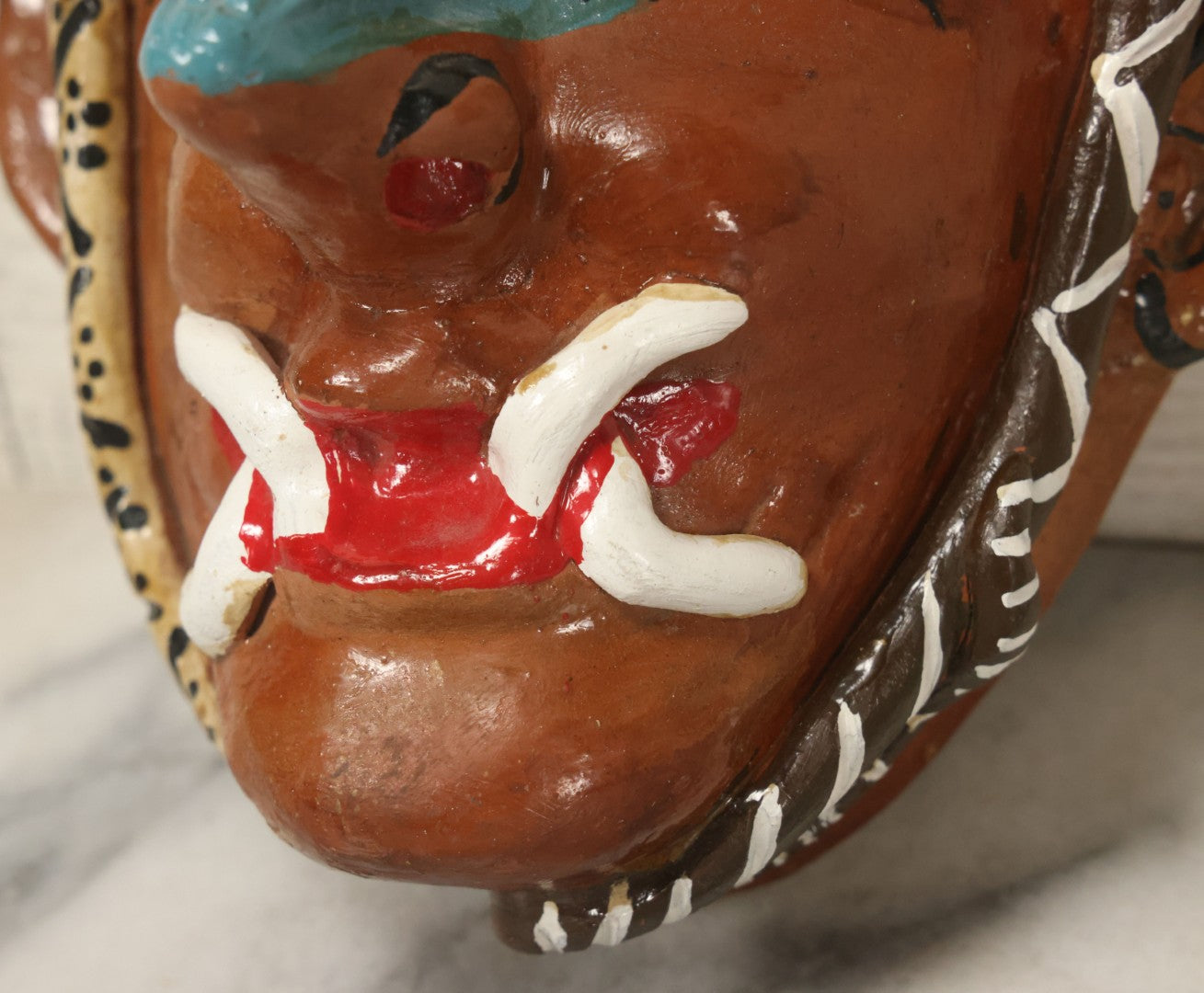 Lot 014 - Vintage Clay Devil Demon Mask With Striped Black And Gold Horns, Snakes Surrounding Face, Fangs, And Blue Nose, Hand Sculpted, Hand Painted, With Rope Hanger