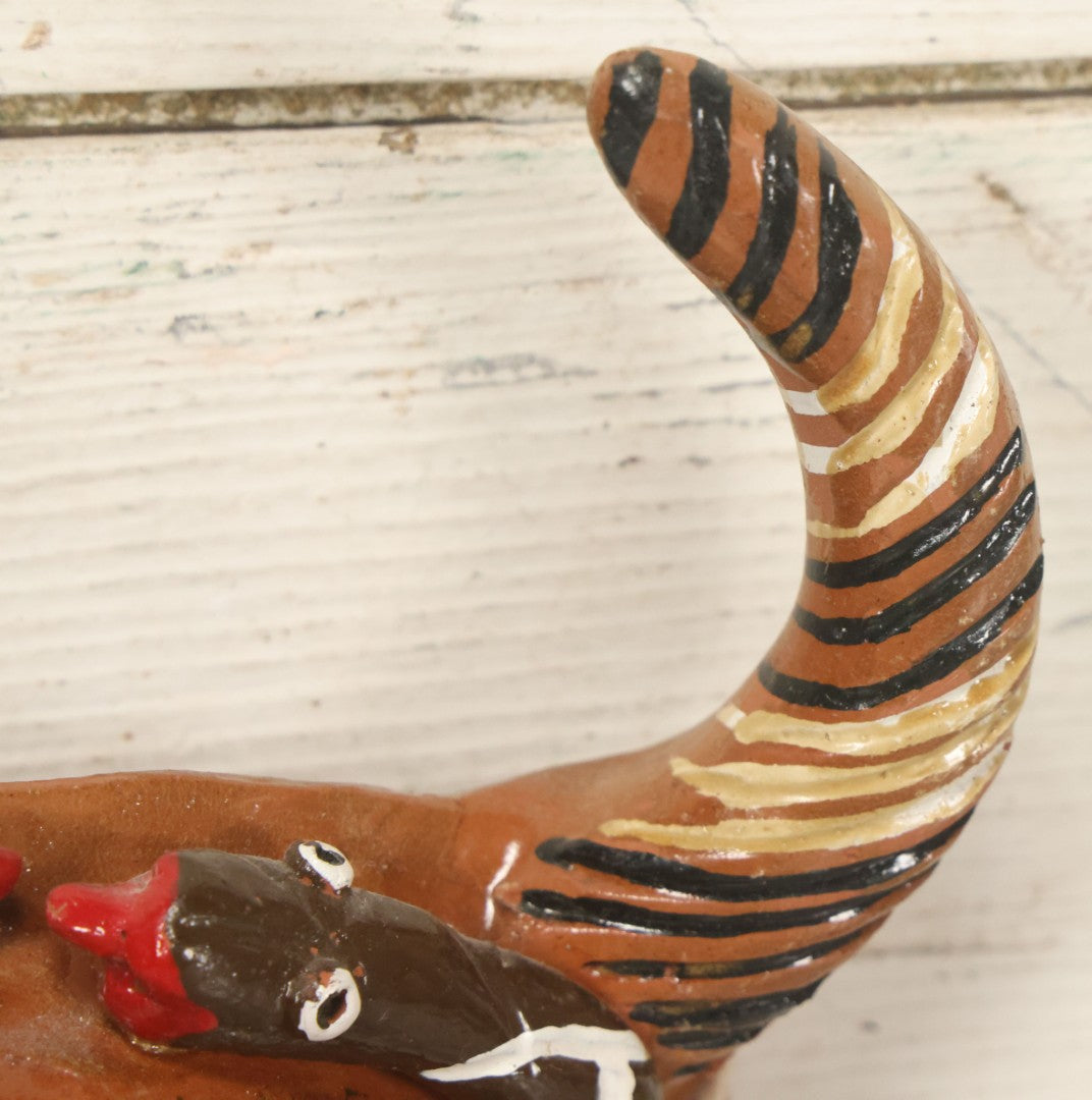 Lot 014 - Vintage Clay Devil Demon Mask With Striped Black And Gold Horns, Snakes Surrounding Face, Fangs, And Blue Nose, Hand Sculpted, Hand Painted, With Rope Hanger