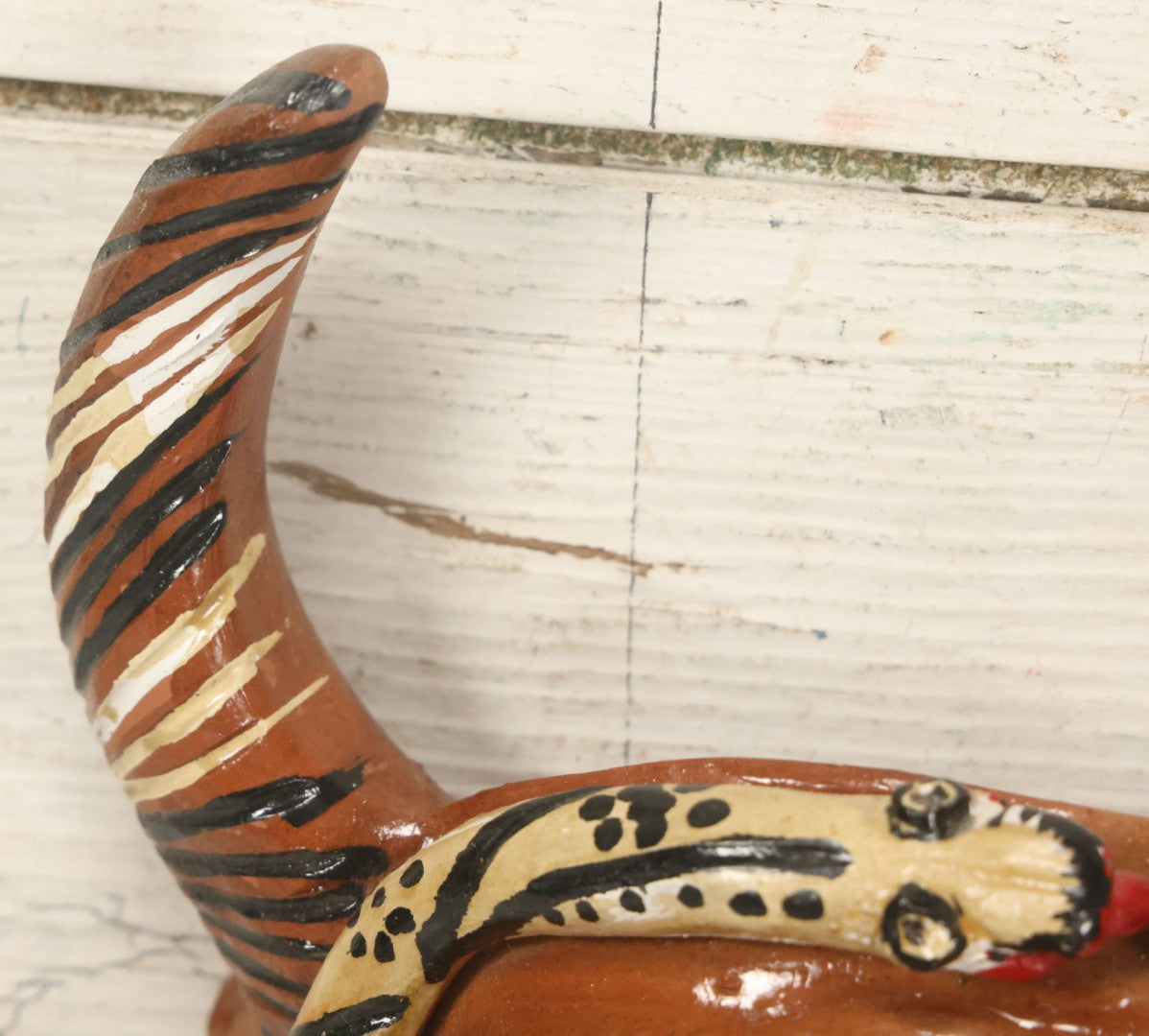 Lot 014 - Vintage Clay Devil Demon Mask With Striped Black And Gold Horns, Snakes Surrounding Face, Fangs, And Blue Nose, Hand Sculpted, Hand Painted, With Rope Hanger