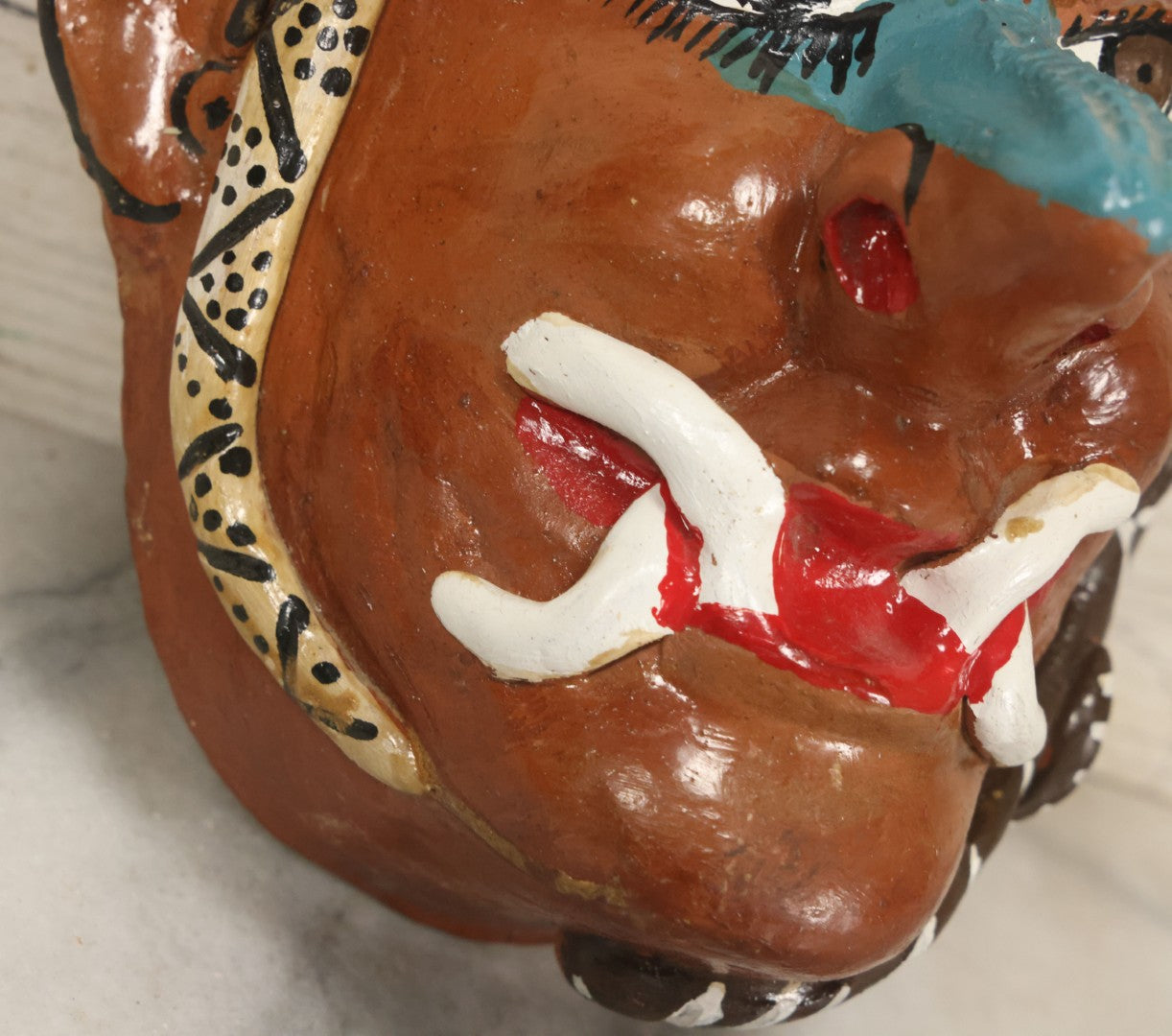 Lot 014 - Vintage Clay Devil Demon Mask With Striped Black And Gold Horns, Snakes Surrounding Face, Fangs, And Blue Nose, Hand Sculpted, Hand Painted, With Rope Hanger