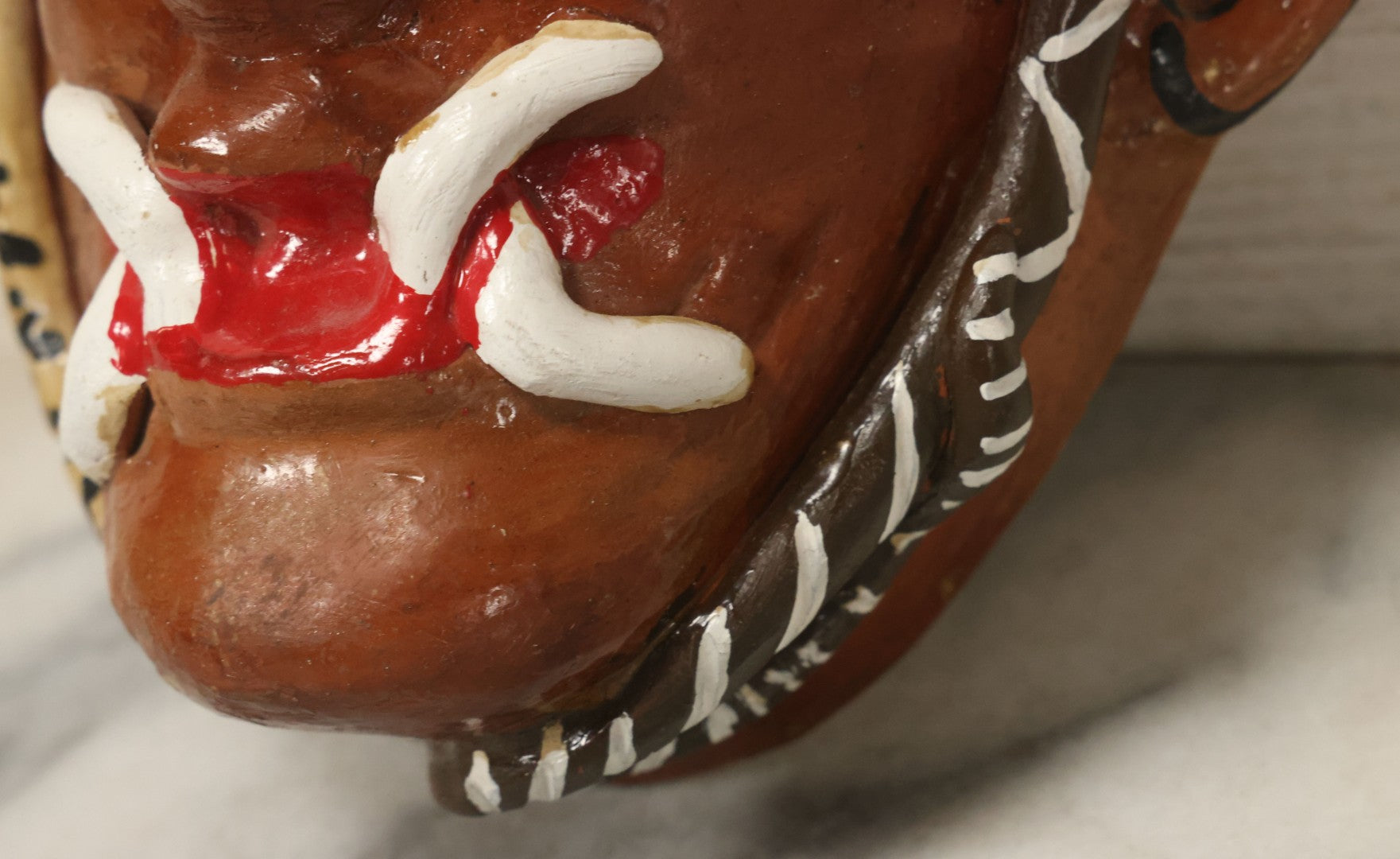 Lot 014 - Vintage Clay Devil Demon Mask With Striped Black And Gold Horns, Snakes Surrounding Face, Fangs, And Blue Nose, Hand Sculpted, Hand Painted, With Rope Hanger