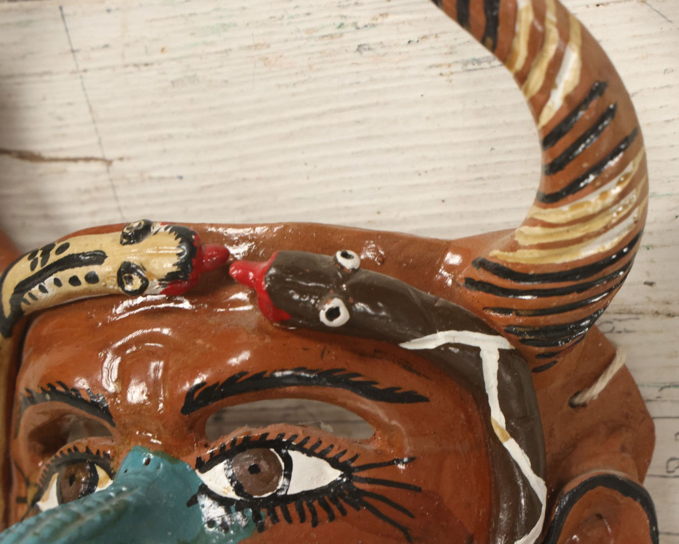 Lot 014 - Vintage Clay Devil Demon Mask With Striped Black And Gold Horns, Snakes Surrounding Face, Fangs, And Blue Nose, Hand Sculpted, Hand Painted, With Rope Hanger