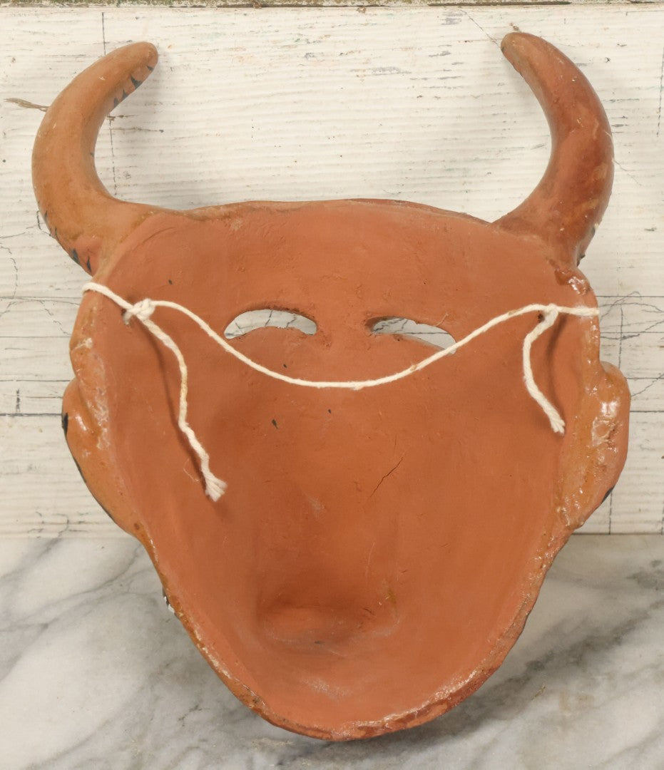 Lot 014 - Vintage Clay Devil Demon Mask With Striped Black And Gold Horns, Snakes Surrounding Face, Fangs, And Blue Nose, Hand Sculpted, Hand Painted, With Rope Hanger