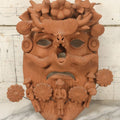Lot 016 - Vintage Unpainted Red Clay Mexican Folk Art Mask, Made In Mexico Sticker On Verso, With Posable Wire Attached Adornments, With Wire Hanger