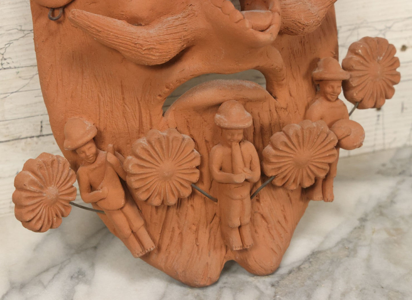 Lot 016 - Vintage Unpainted Red Clay Mexican Folk Art Mask, Made In Mexico Sticker On Verso, With Posable Wire Attached Adornments, With Wire Hanger