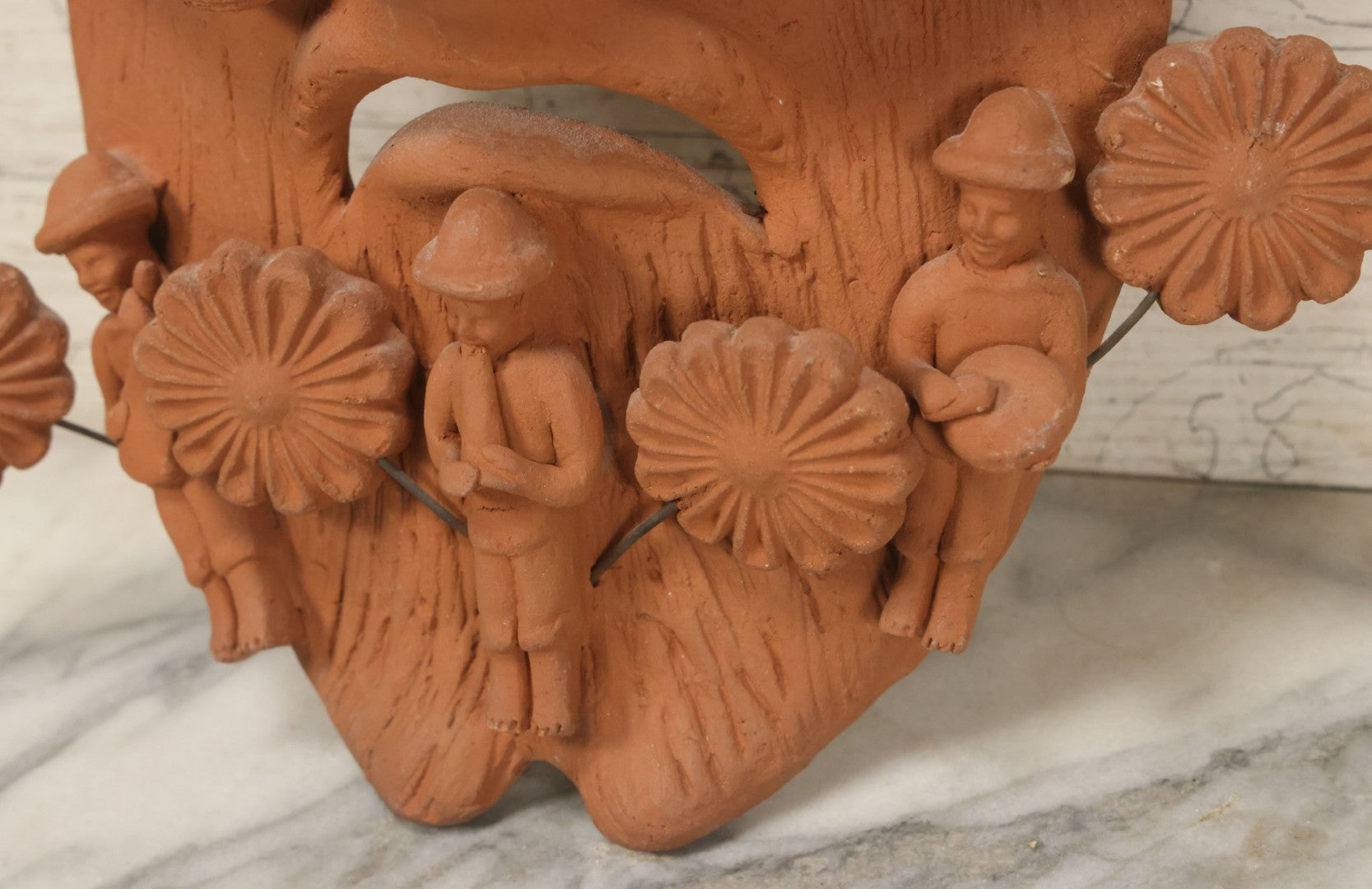 Lot 016 - Vintage Unpainted Red Clay Mexican Folk Art Mask, Made In Mexico Sticker On Verso, With Posable Wire Attached Adornments, With Wire Hanger