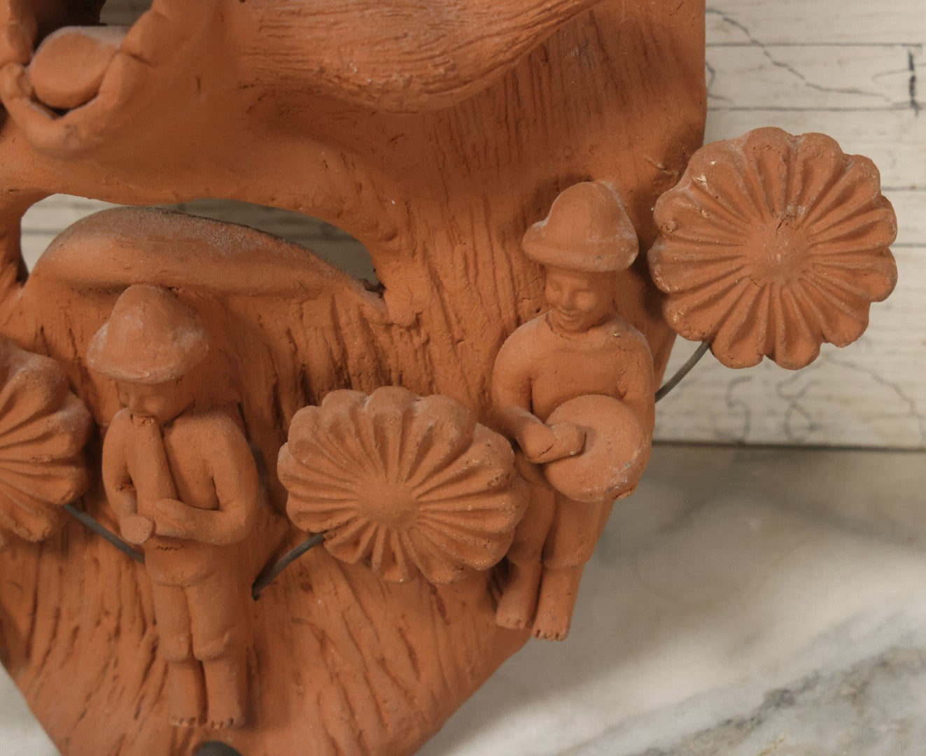 Lot 016 - Vintage Unpainted Red Clay Mexican Folk Art Mask, Made In Mexico Sticker On Verso, With Posable Wire Attached Adornments, With Wire Hanger