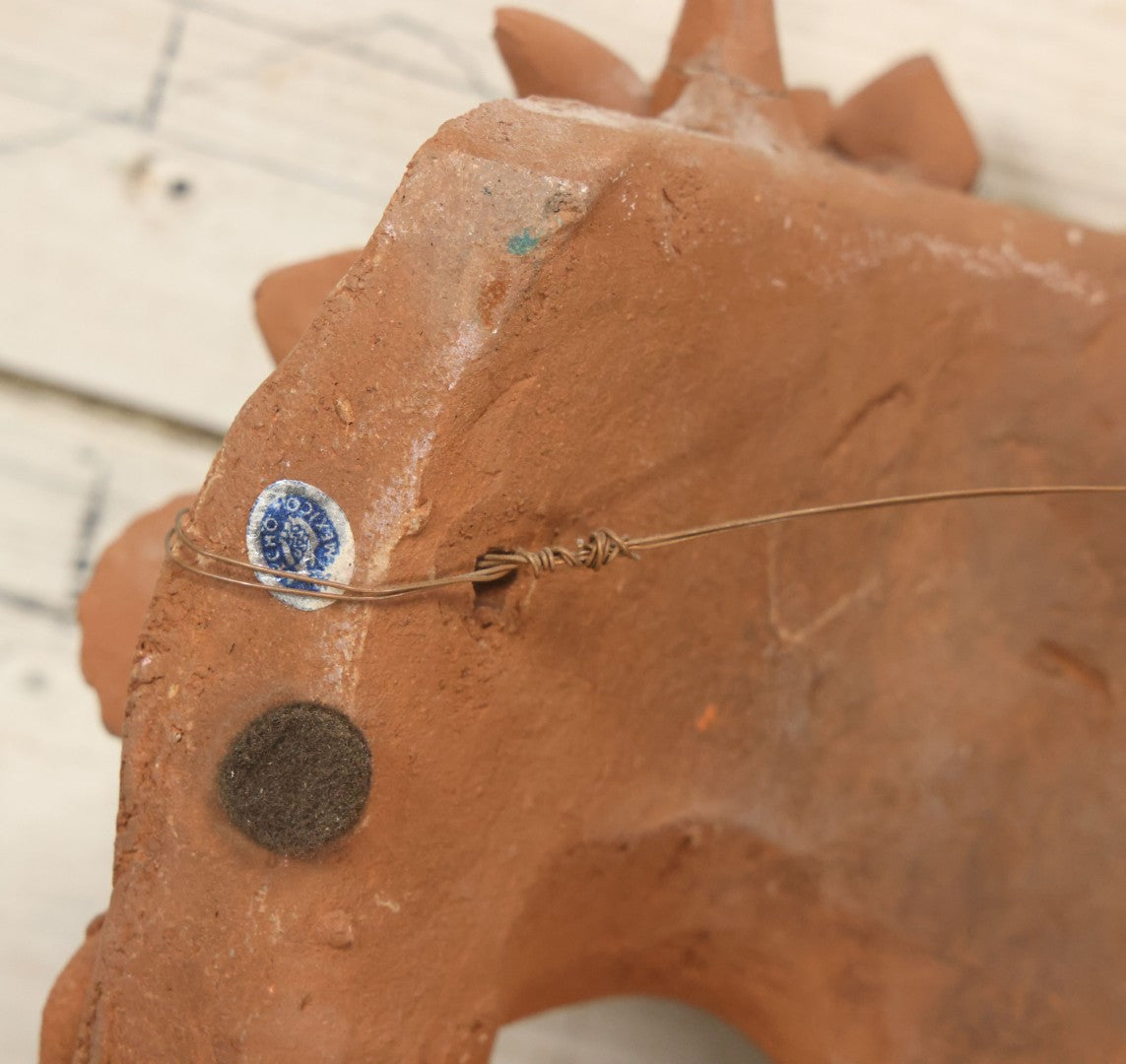 Lot 016 - Vintage Unpainted Red Clay Mexican Folk Art Mask, Made In Mexico Sticker On Verso, With Posable Wire Attached Adornments, With Wire Hanger
