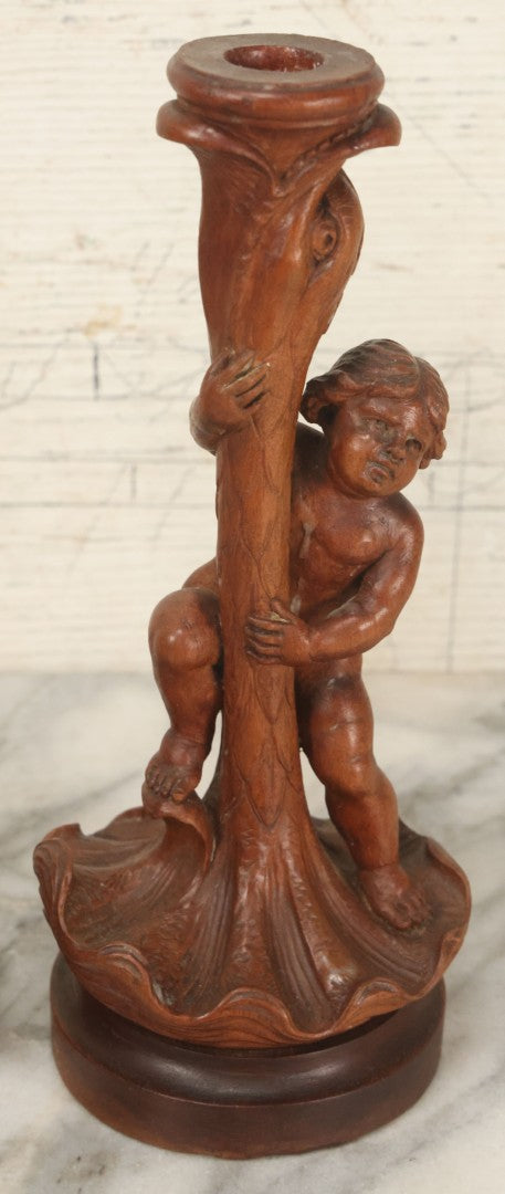 Lot 017 - Pair Of Antique Folk Art Carved Candlesticks With Cherub And Serpent Motif, 9-1/2" Height