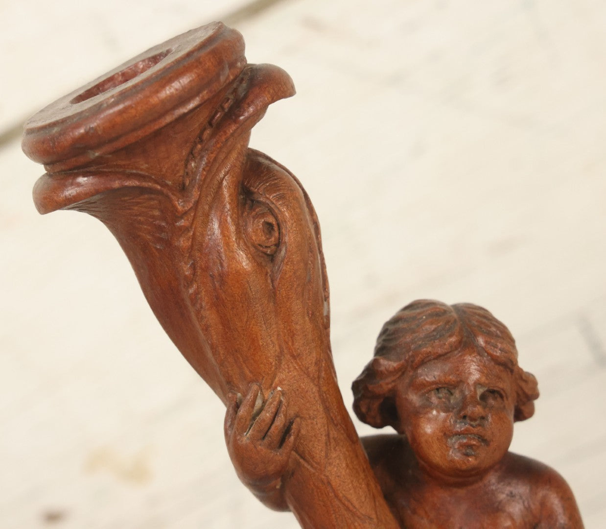 Lot 017 - Pair Of Antique Folk Art Carved Candlesticks With Cherub And Serpent Motif, 9-1/2" Height