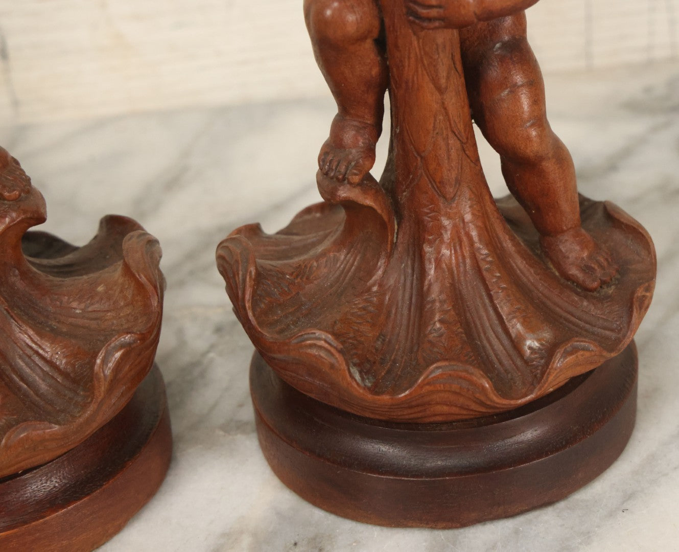 Lot 017 - Pair Of Antique Folk Art Carved Candlesticks With Cherub And Serpent Motif, 9-1/2" Height