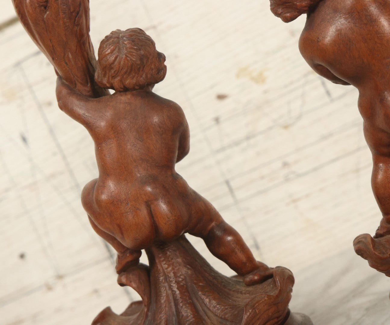 Lot 017 - Pair Of Antique Folk Art Carved Candlesticks With Cherub And Serpent Motif, 9-1/2" Height