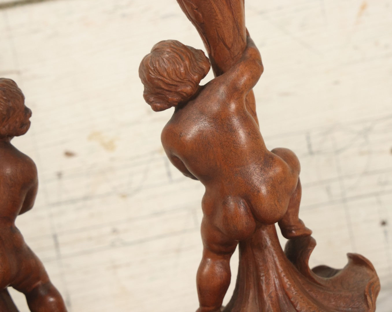 Lot 017 - Pair Of Antique Folk Art Carved Candlesticks With Cherub And Serpent Motif, 9-1/2" Height