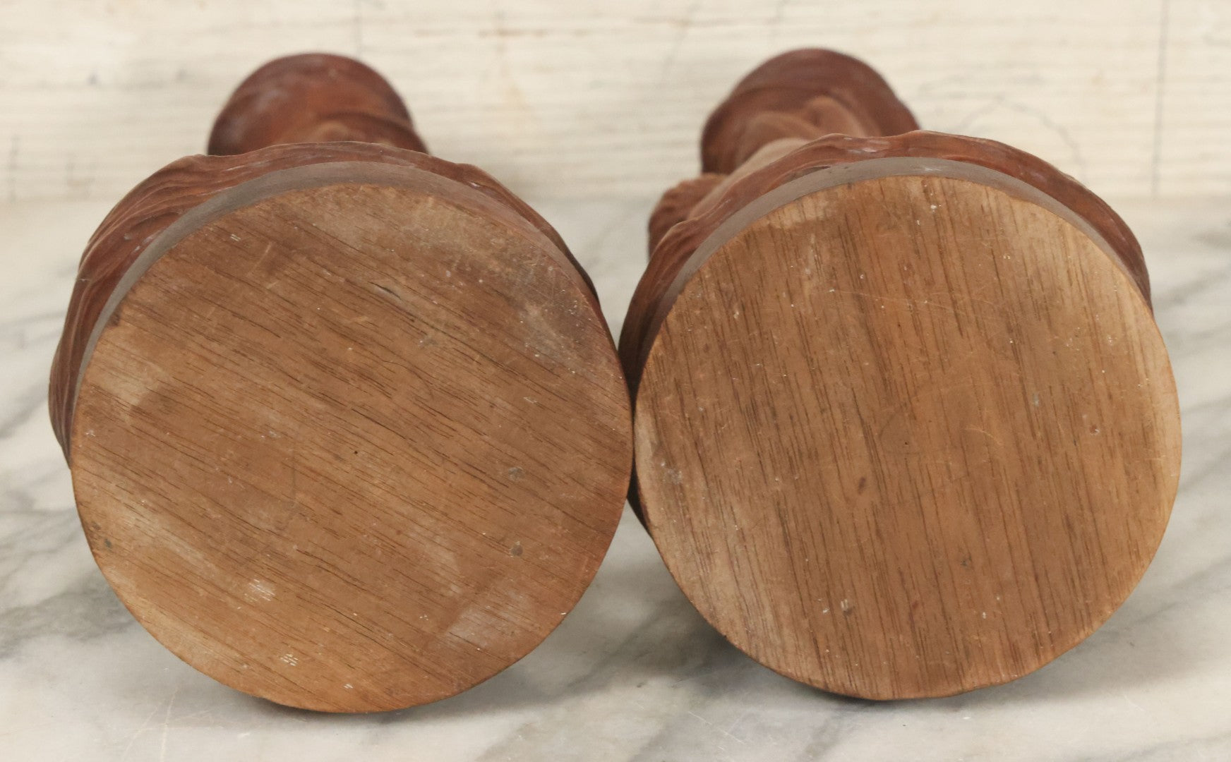 Lot 017 - Pair Of Antique Folk Art Carved Candlesticks With Cherub And Serpent Motif, 9-1/2" Height