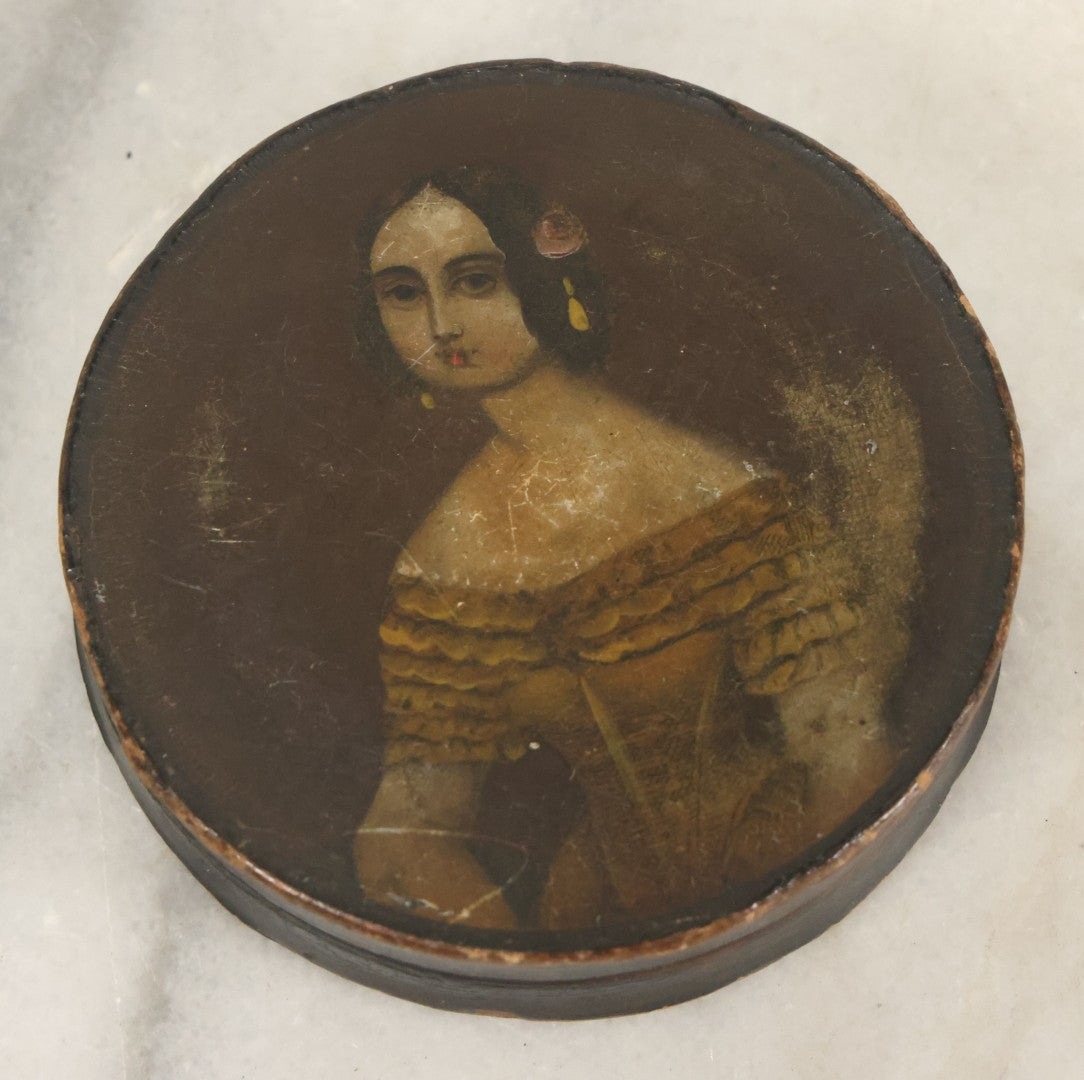 Lot 018 - Antique Hand Painted Lacquered Wooden Dresser Box, With Folk Art Portrait Painting Of Pretty Young Woman In Yellow Dress, 2-3/4" Diameter