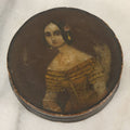Lot 018 - Antique Hand Painted Lacquered Wooden Dresser Box, With Folk Art Portrait Painting Of Pretty Young Woman In Yellow Dress, 2-3/4" Diameter