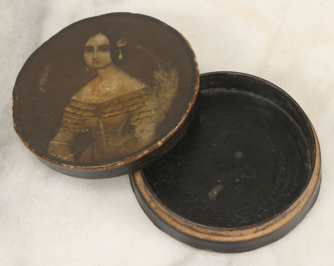 Lot 018 - Antique Hand Painted Lacquered Wooden Dresser Box, With Folk Art Portrait Painting Of Pretty Young Woman In Yellow Dress, 2-3/4" Diameter