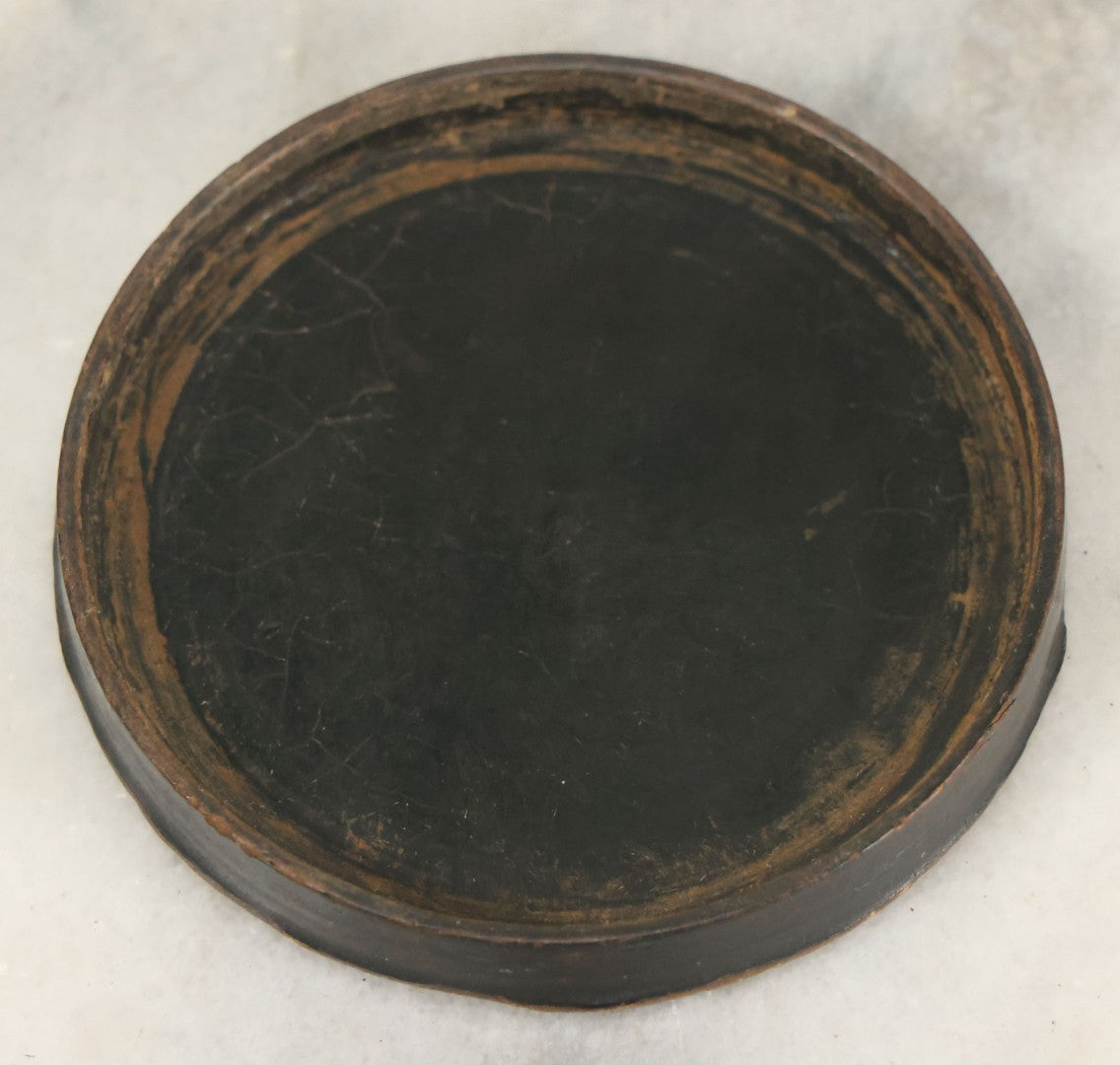 Lot 018 - Antique Hand Painted Lacquered Wooden Dresser Box, With Folk Art Portrait Painting Of Pretty Young Woman In Yellow Dress, 2-3/4" Diameter