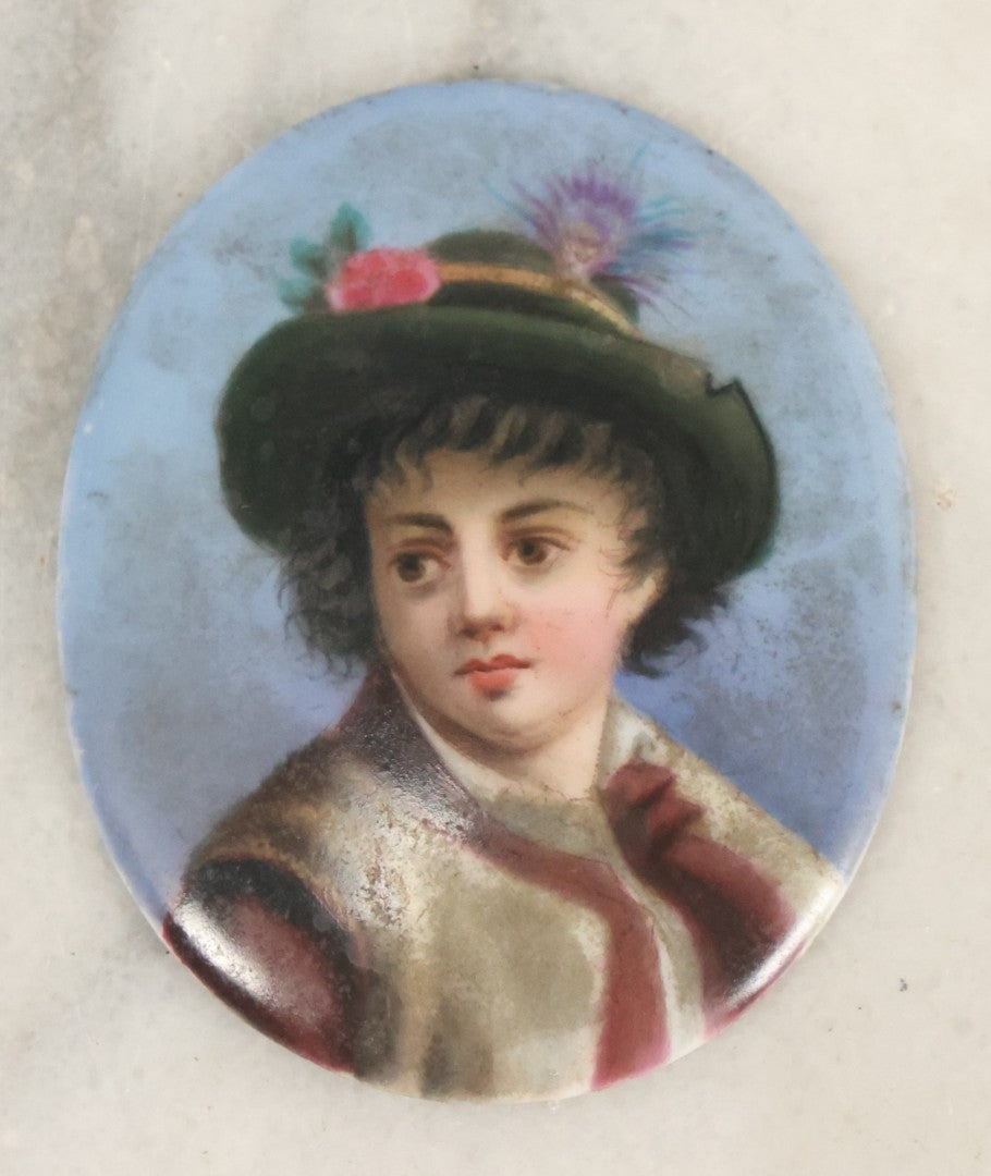 Lot 019 - Antique Miniature Hand Painted Porcelain Cameo Tile With Child In Green Hat With Flowers Hallmarked On Verso, Unmounted, 2" x 2-3/8"
