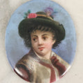 Lot 019 - Antique Miniature Hand Painted Porcelain Cameo Tile With Child In Green Hat With Flowers Hallmarked On Verso, Unmounted, 2" x 2-3/8"