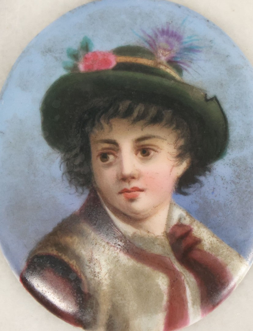Lot 019 - Antique Miniature Hand Painted Porcelain Cameo Tile With Child In Green Hat With Flowers Hallmarked On Verso, Unmounted, 2" x 2-3/8"