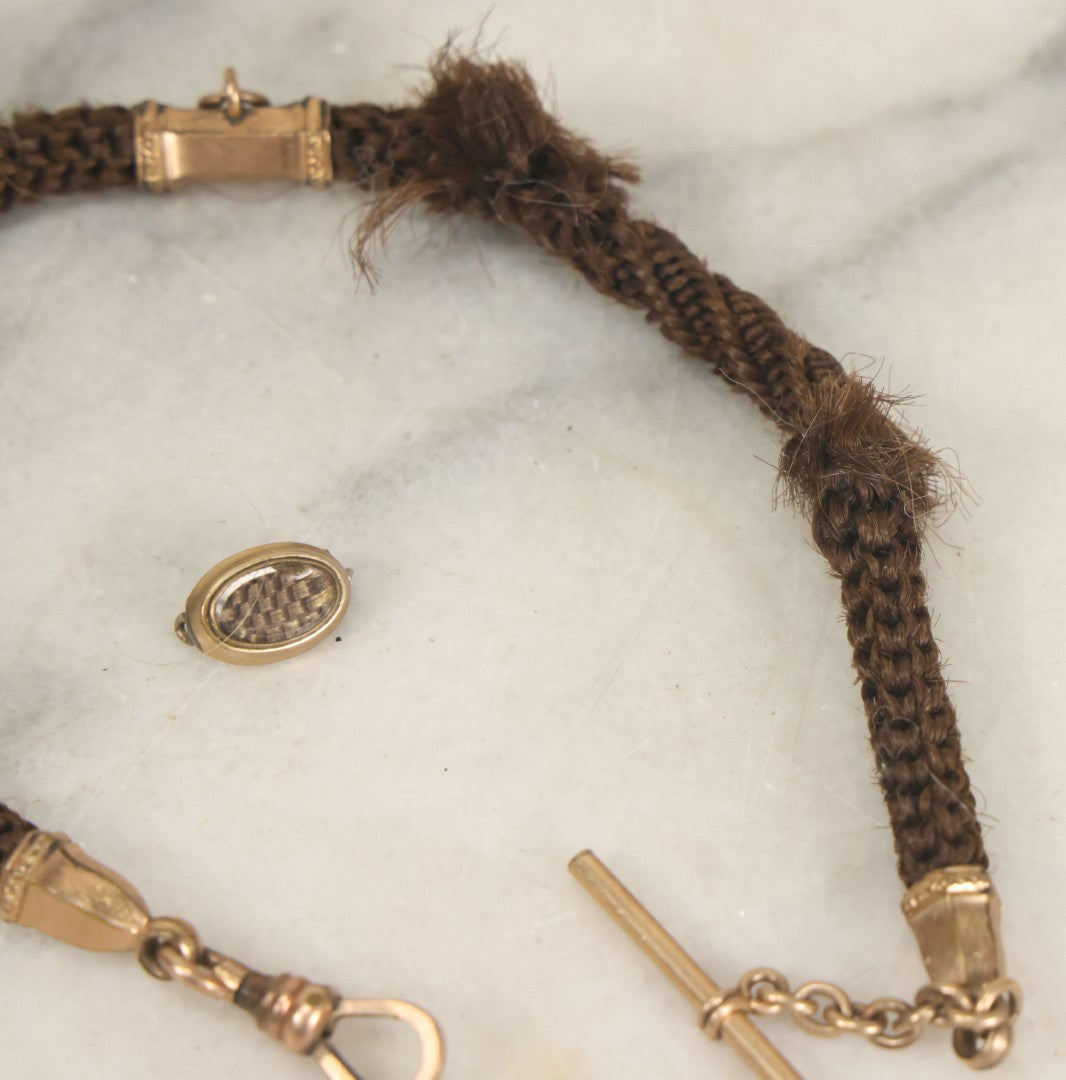 Lot 022 - Pair Of Antique Victorian Human Hair Work Jewelry Pieces, Craft Grade, Poor Condition, Including Watch Chain And Brooch, Note Heavy Wear