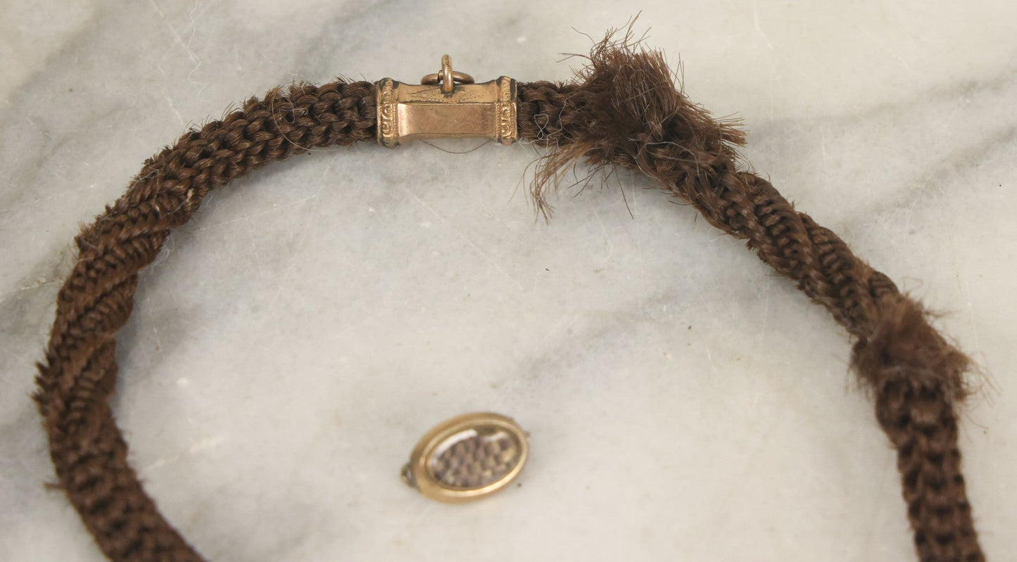 Lot 022 - Pair Of Antique Victorian Human Hair Work Jewelry Pieces, Craft Grade, Poor Condition, Including Watch Chain And Brooch, Note Heavy Wear