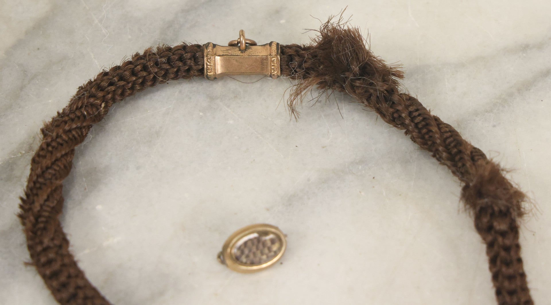Lot 022 - Pair Of Antique Victorian Human Hair Work Jewelry Pieces, Craft Grade, Poor Condition, Including Watch Chain And Brooch, Note Heavy Wear